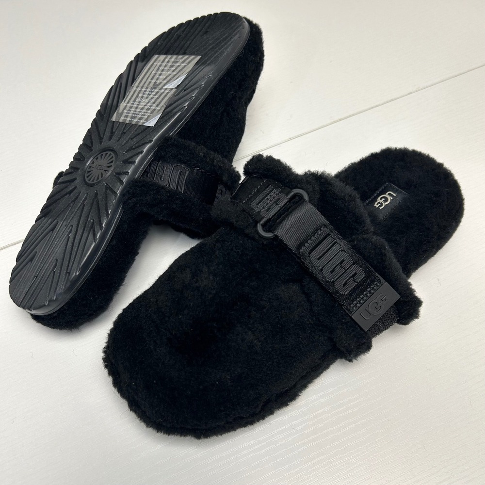 UGG Fluff It Black Wool Blend Logo Strap Slides Slippers 1118150 Mens Size 9